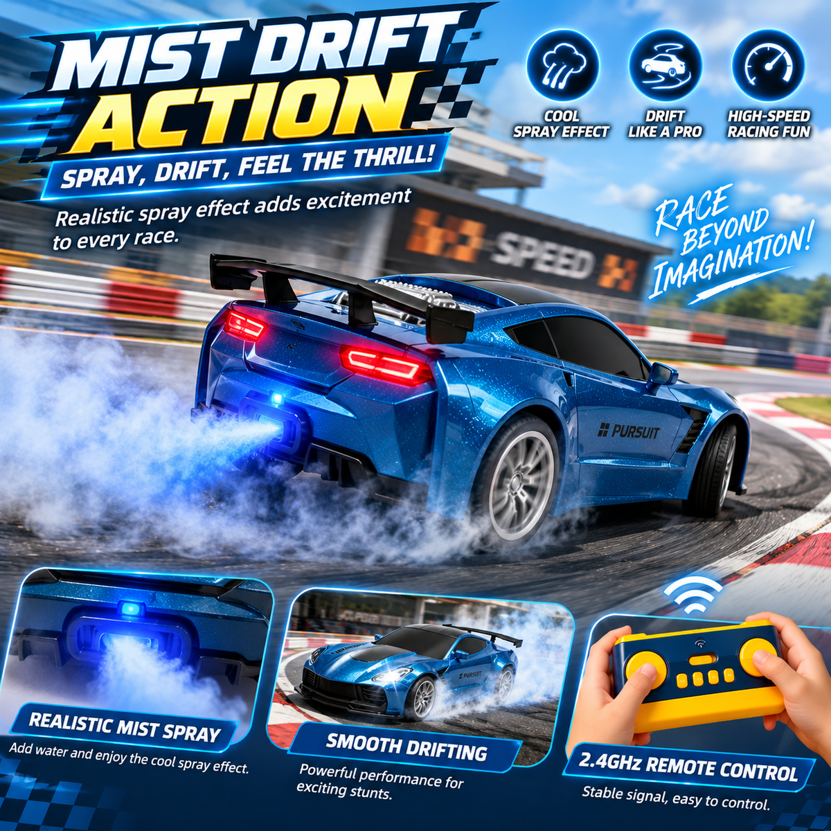 🏎️ Refuel & Drift RC Car Playset – Mist Spray, Lights, Sounds & Gas Station Fun