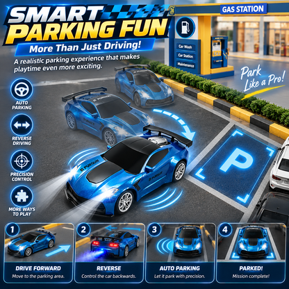 🏎️ Refuel & Drift RC Car Playset – Mist Spray, Lights, Sounds & Gas Station Fun