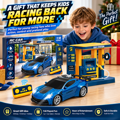 🏎️ Refuel & Drift RC Car Playset – Mist Spray, Lights, Sounds & Gas Station Fun