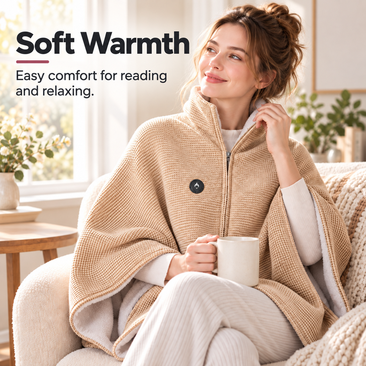 Warm Beige wearable heated blanket during cozy reading