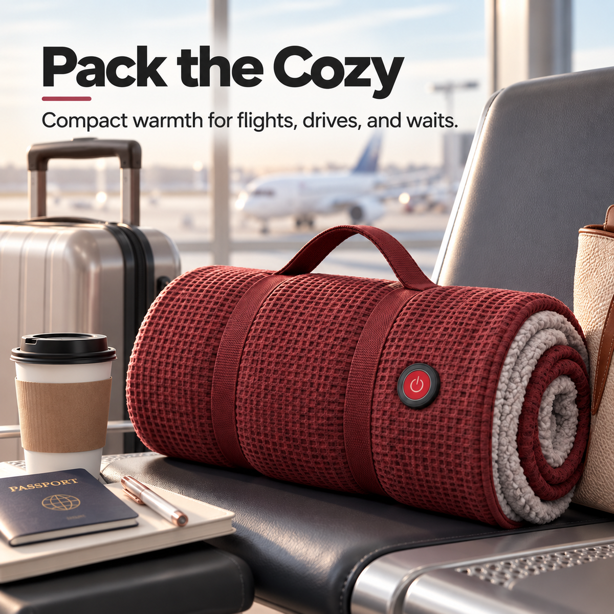 Rolled wearable heated blanket ready for travel