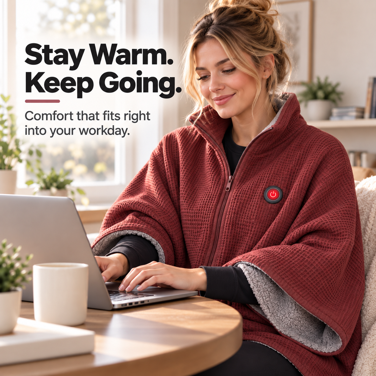 Burgundy wearable heated blanket for work from home