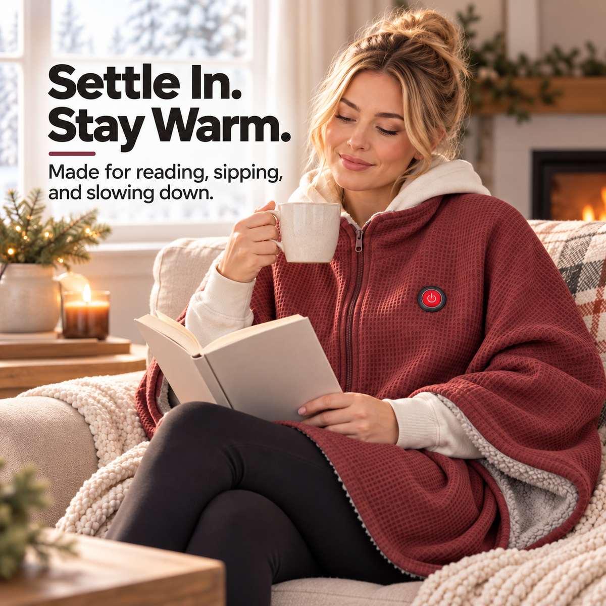 Burgundy wearable heated blanket during cozy reading time