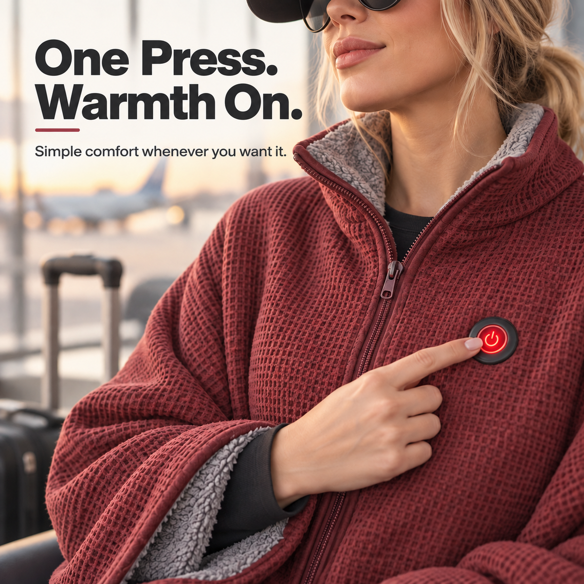 Simple power button on wearable heated blanket