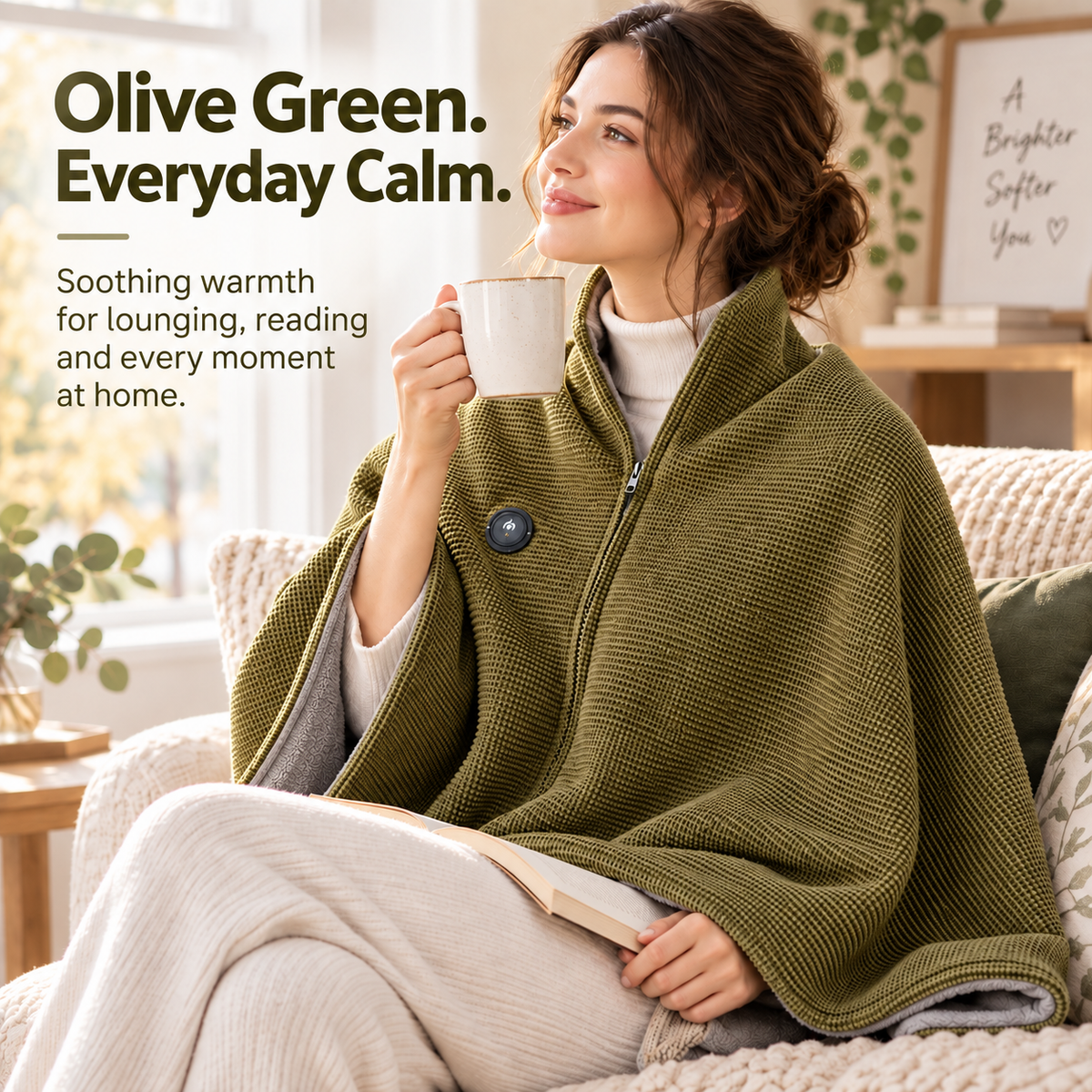 Olive Green wearable heated blanket for relaxing and reading