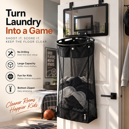 🎉Over-the-Door Basketball Laundry Hamper | Creative Score Game, Big Black Mesh Net, Acrylic/Wood Backboard, No-Drill Install 🚪🏀
