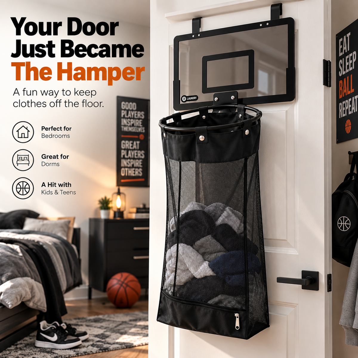 🎉Over-the-Door Basketball Laundry Hamper | Creative Score Game, Big Black Mesh Net, Acrylic/Wood Backboard, No-Drill Install 🚪🏀