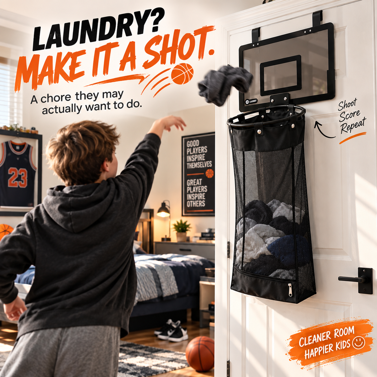 🎉Over-the-Door Basketball Laundry Hamper | Creative Score Game, Big Black Mesh Net, Acrylic/Wood Backboard, No-Drill Install 🚪🏀