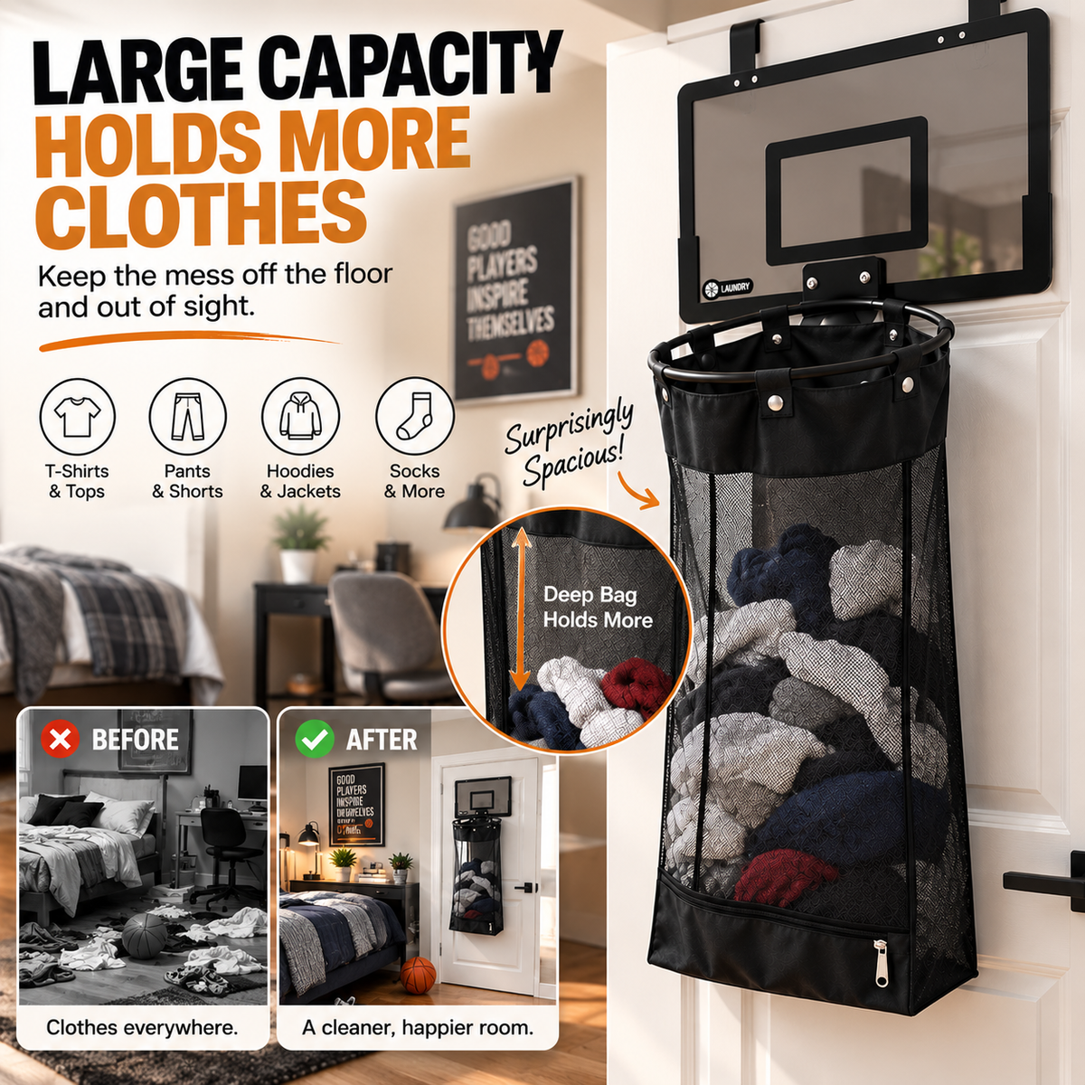 🎉Over-the-Door Basketball Laundry Hamper | Creative Score Game, Big Black Mesh Net, Acrylic/Wood Backboard, No-Drill Install 🚪🏀