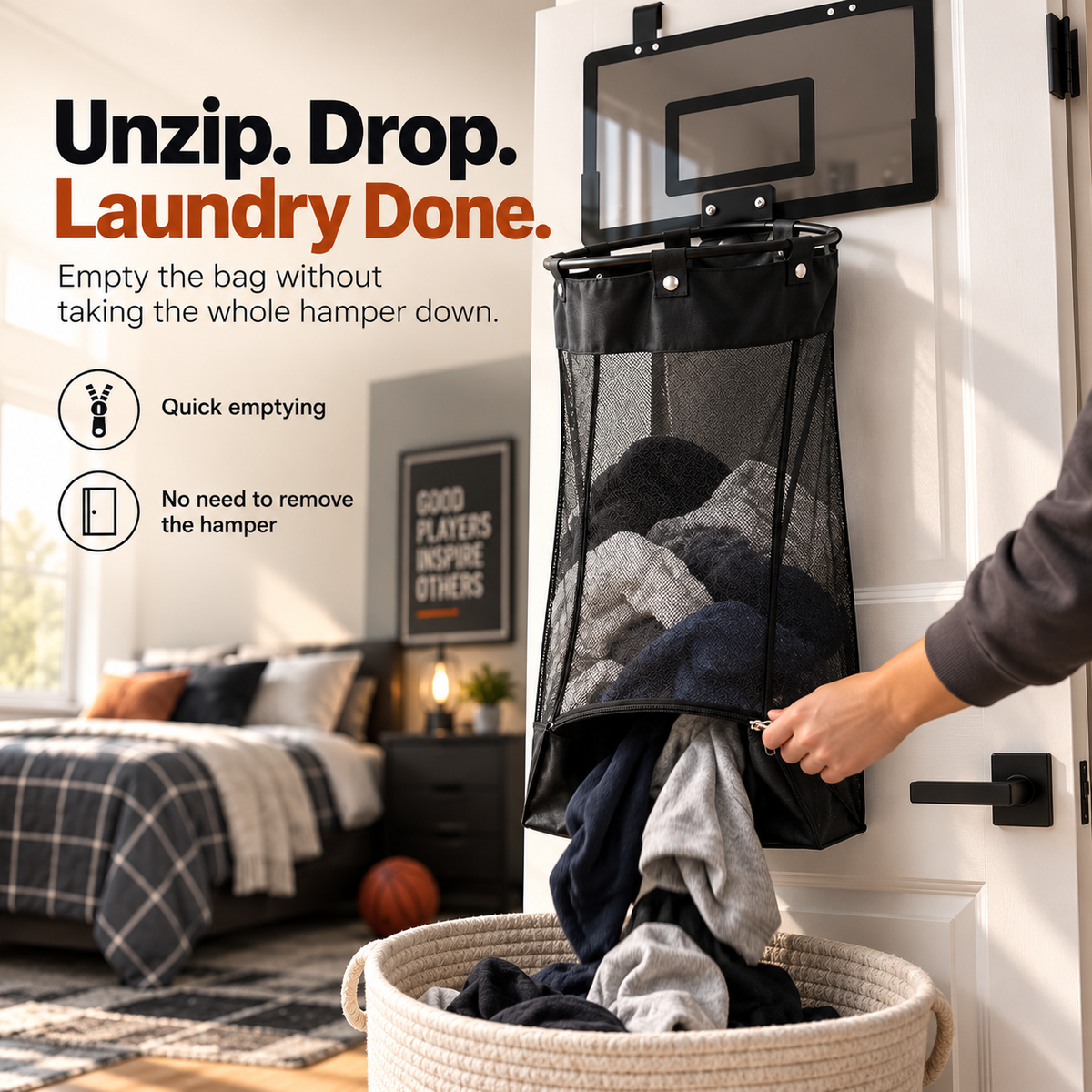 🎉Over-the-Door Basketball Laundry Hamper | Creative Score Game, Big Black Mesh Net, Acrylic/Wood Backboard, No-Drill Install 🚪🏀