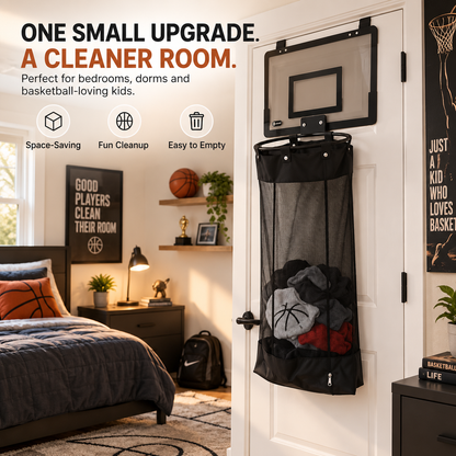 🎉Over-the-Door Basketball Laundry Hamper | Creative Score Game, Big Black Mesh Net, Acrylic/Wood Backboard, No-Drill Install 🚪🏀