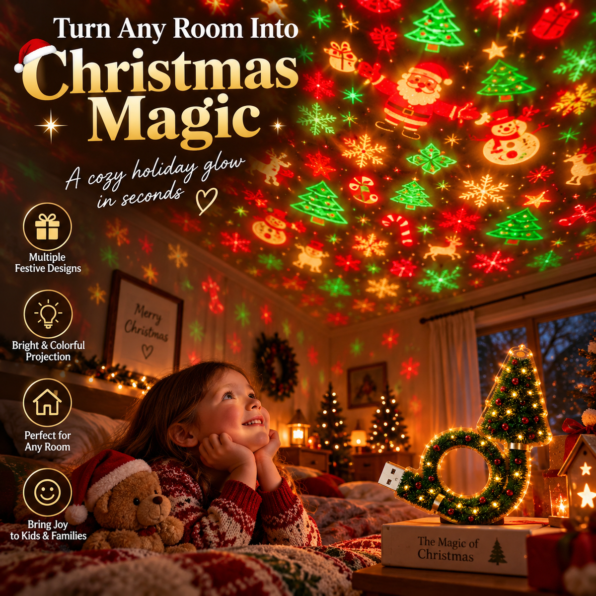 🌲Christmas Projection Light – 6+ Festive Designs USB Holiday Room Decor