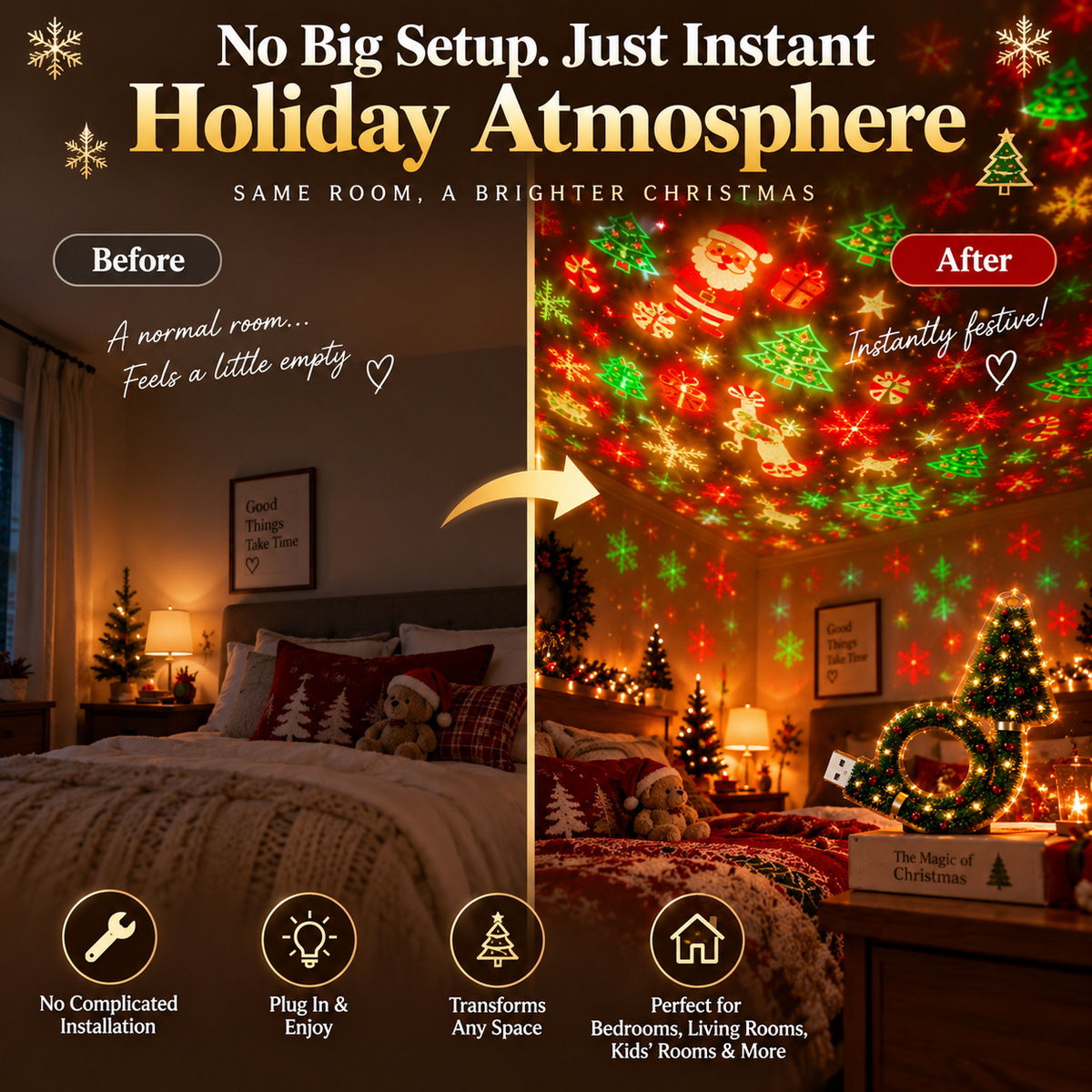 🌲Christmas Projection Light – 6+ Festive Designs USB Holiday Room Decor