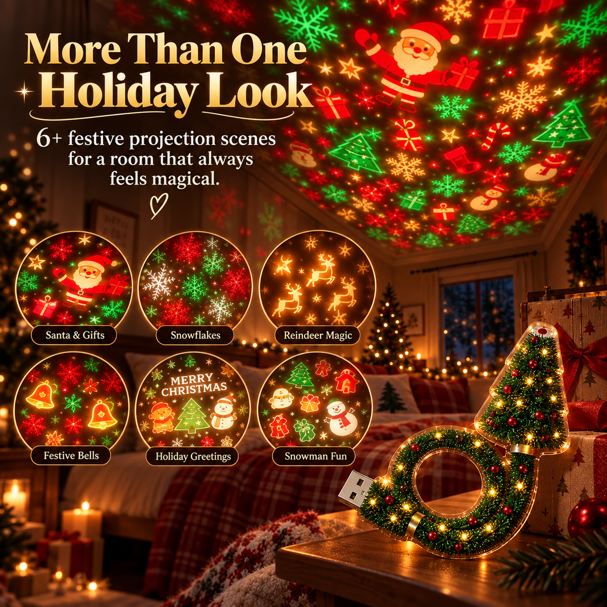 🌲Christmas Projection Light – 6+ Festive Designs USB Holiday Room Decor
