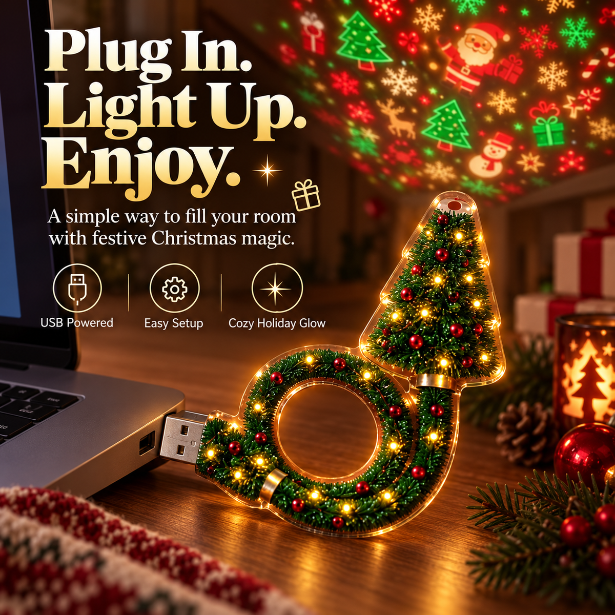 🌲Christmas Projection Light – 6+ Festive Designs USB Holiday Room Decor