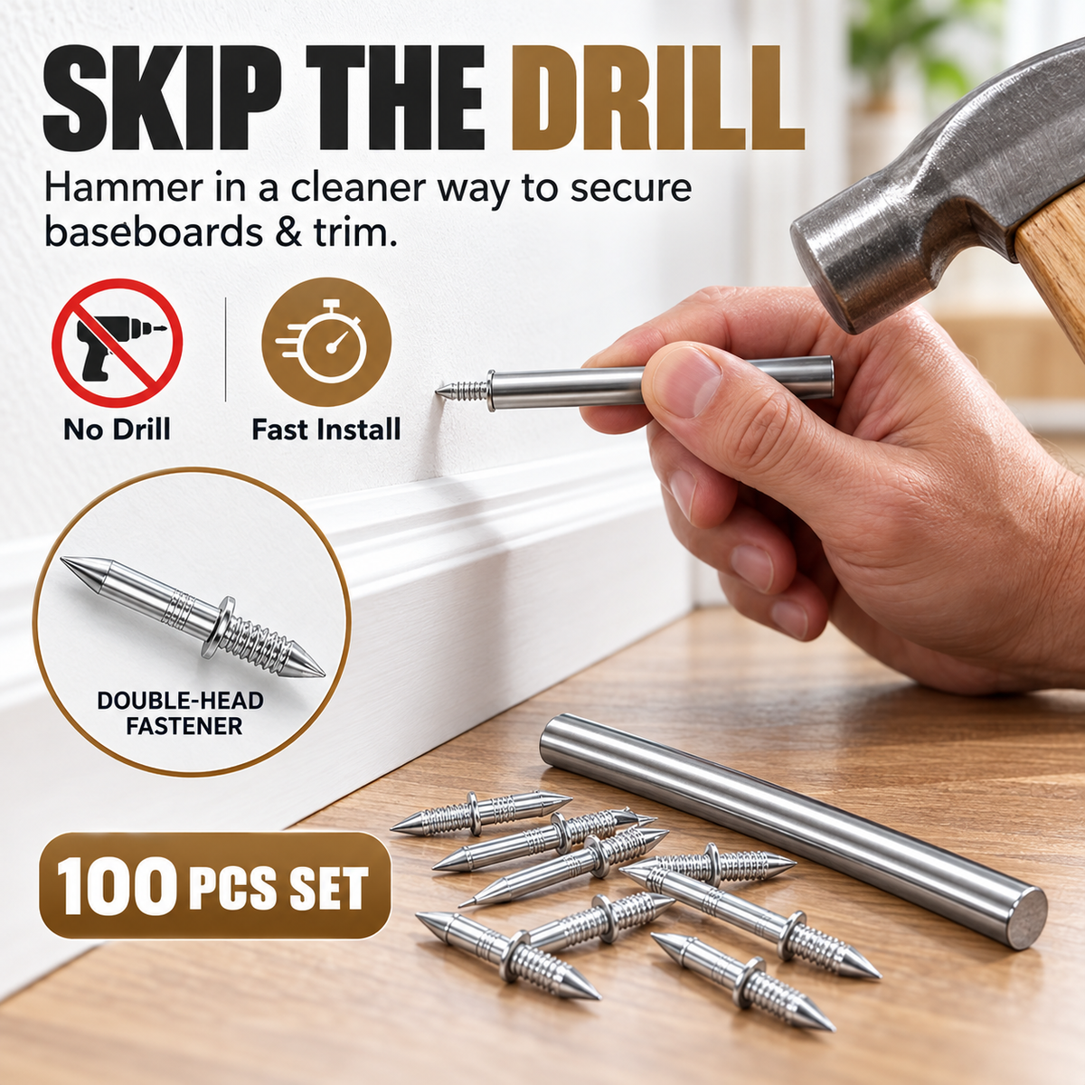 100-Pack Double-Head Hidden Fasteners – No-Drill Baseboard & Trim Nails