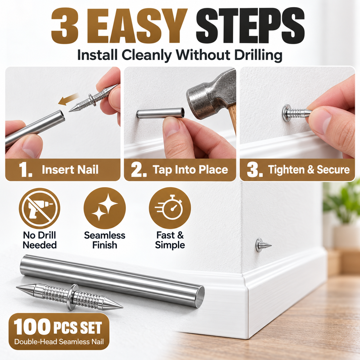 100-Pack Double-Head Hidden Fasteners – No-Drill Baseboard & Trim Nails