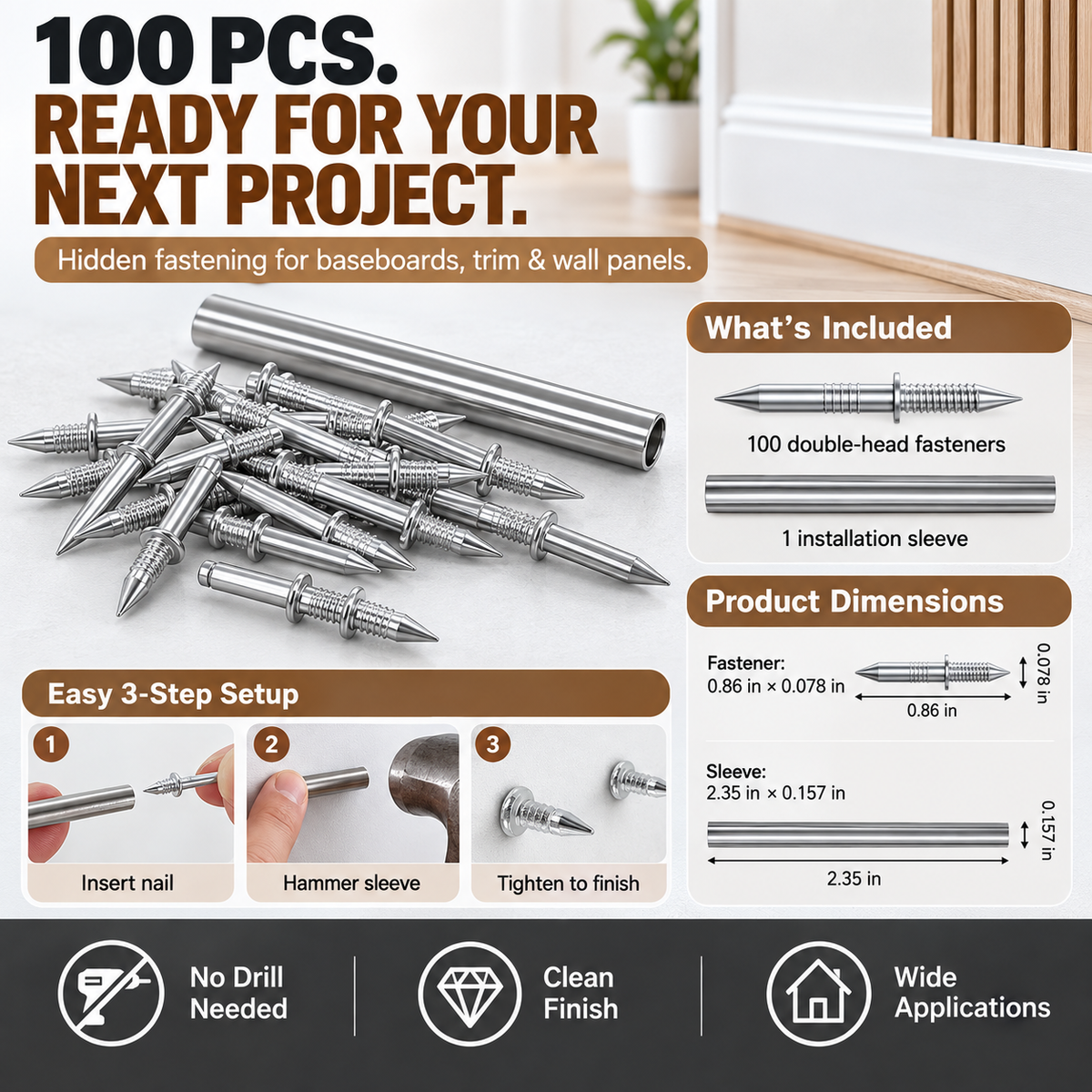 100-Pack Double-Head Hidden Fasteners – No-Drill Baseboard & Trim Nails