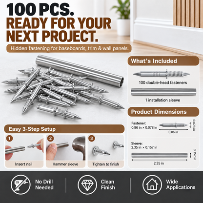 100-Pack Double-Head Hidden Fasteners – No-Drill Baseboard & Trim Nails