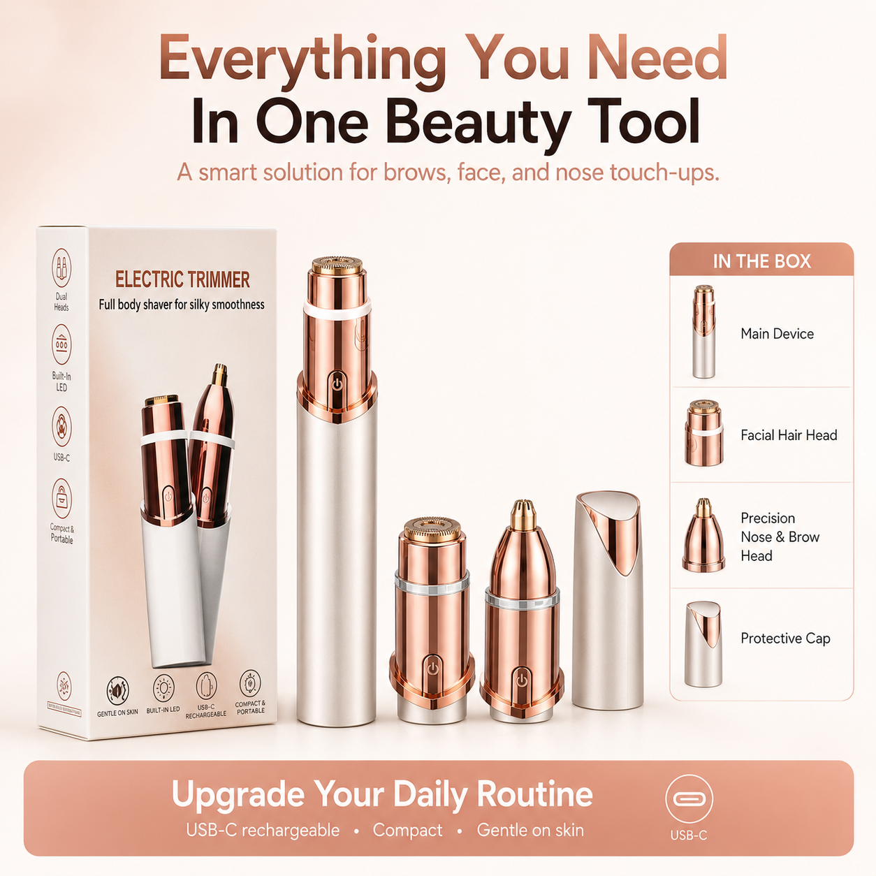 2-in-1 Facial & Eyebrow Hair Trimmer | Painless Peach Fuzz Remover