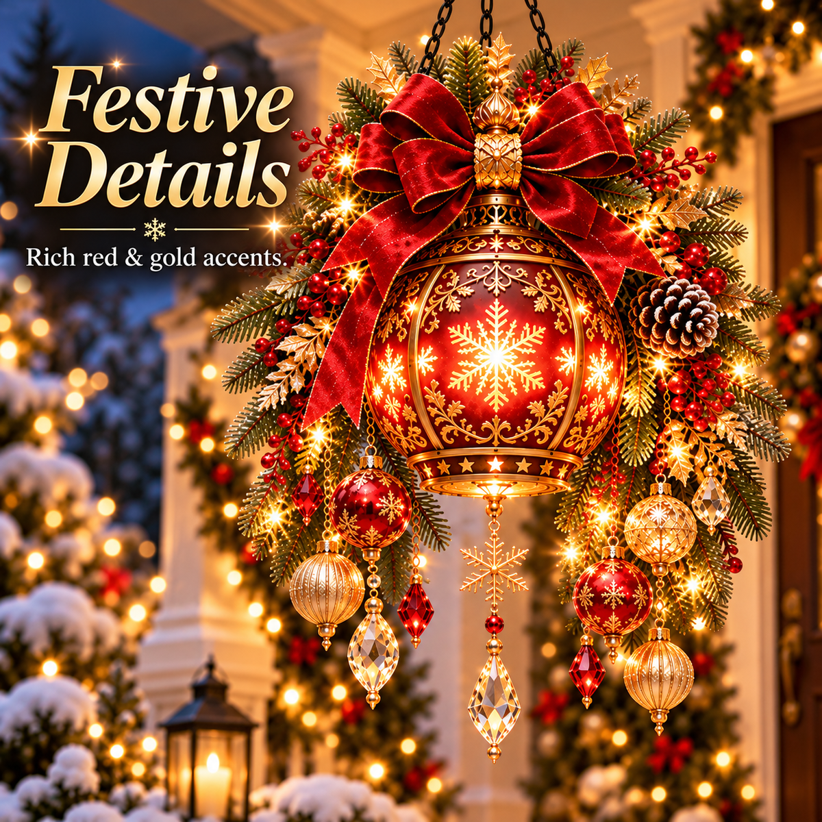 Royal Christmas Lantern™ Pre-Lit Festive Red & Gold Hanging Porch Decor