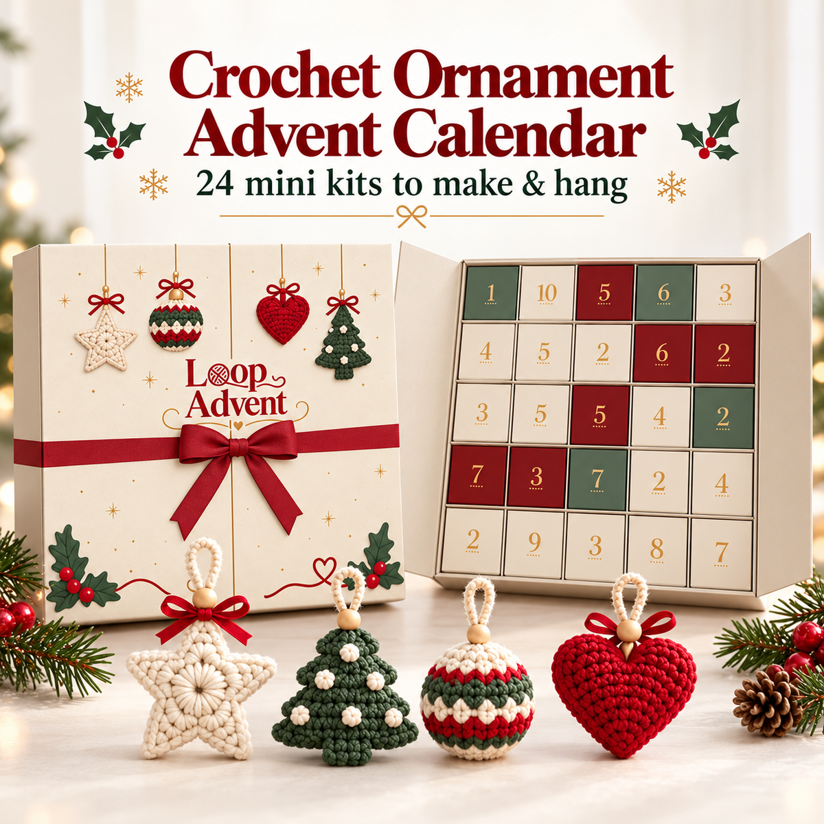 🎄 24-Day Crochet Christmas Advent Calendar™ – 24 Surprise DIY Ornament Kits to Make & Hang 🧶