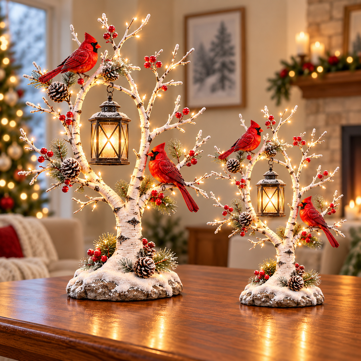 ❄️ Cardinal Winter Lantern Tree - Illuminated Birch Tabletop Decor ❤️