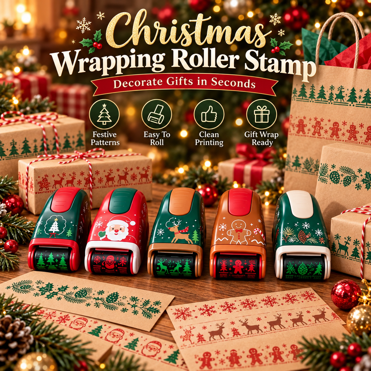 🎄 Christmas Wrapping Roller Stamp – 5 Festive Designs for Gift Packaging