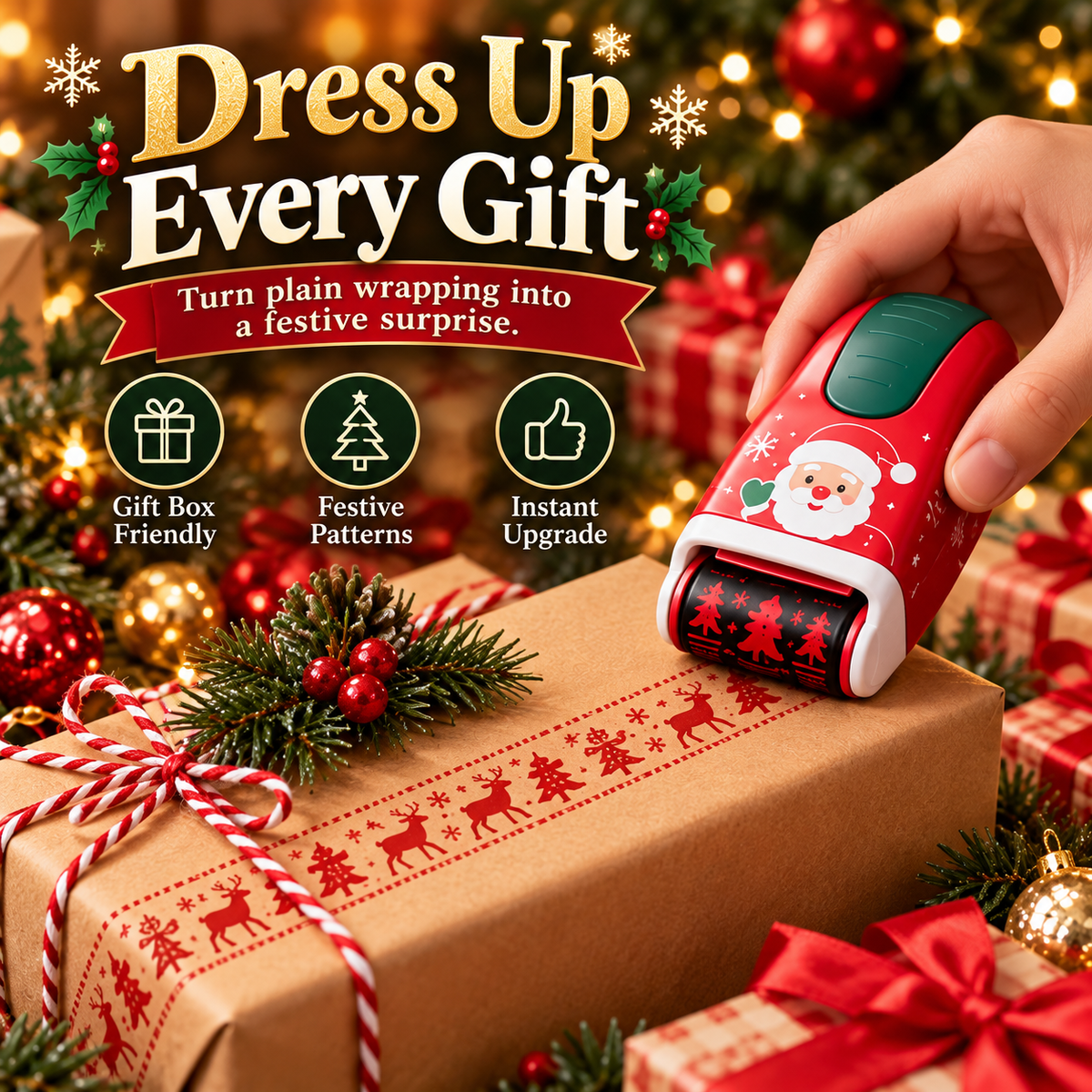🎄 Christmas Wrapping Roller Stamp – 5 Festive Designs for Gift Packaging
