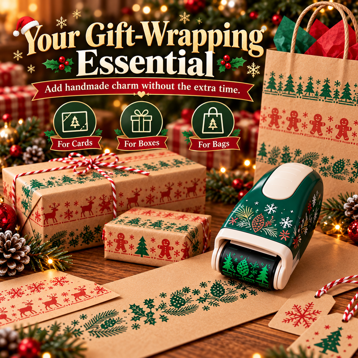 🎄 Christmas Wrapping Roller Stamp – 5 Festive Designs for Gift Packaging