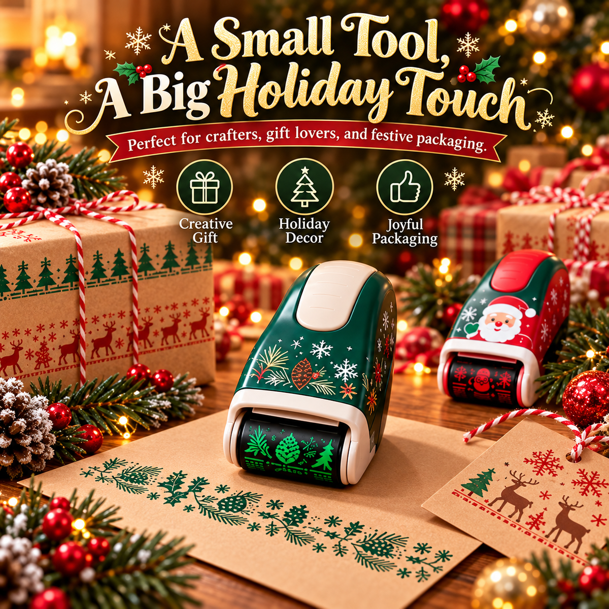 🎄 Christmas Wrapping Roller Stamp – 5 Festive Designs for Gift Packaging