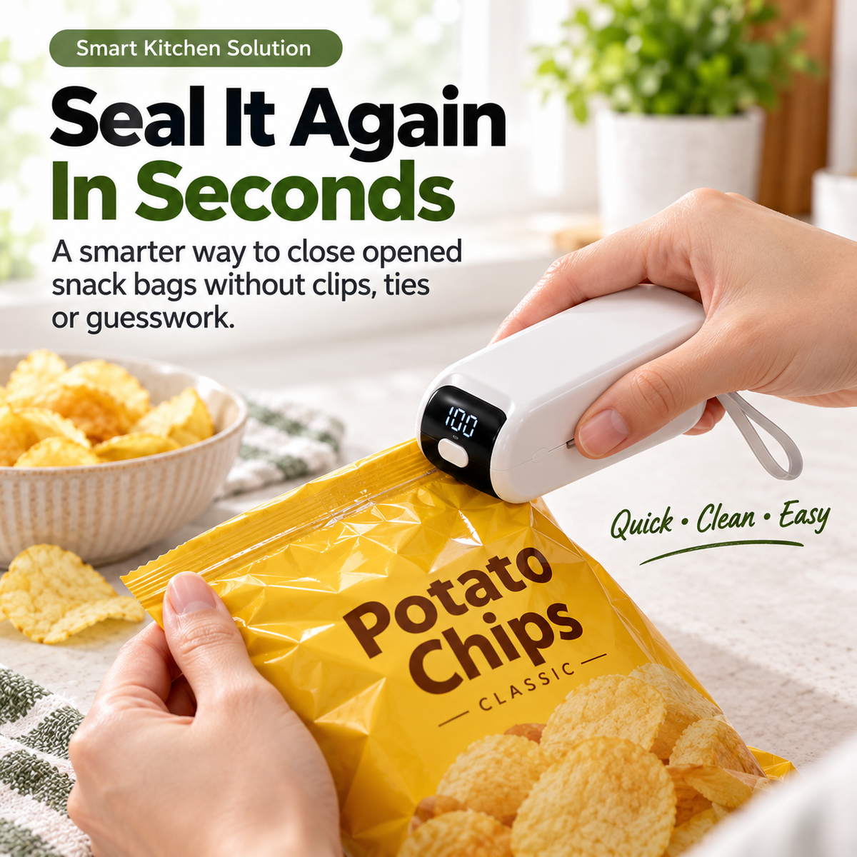 Smart 4-in-1 Rechargeable Bag Sealer & Cutter – LED Display, 5 Seal Modes & Magnetic Storage