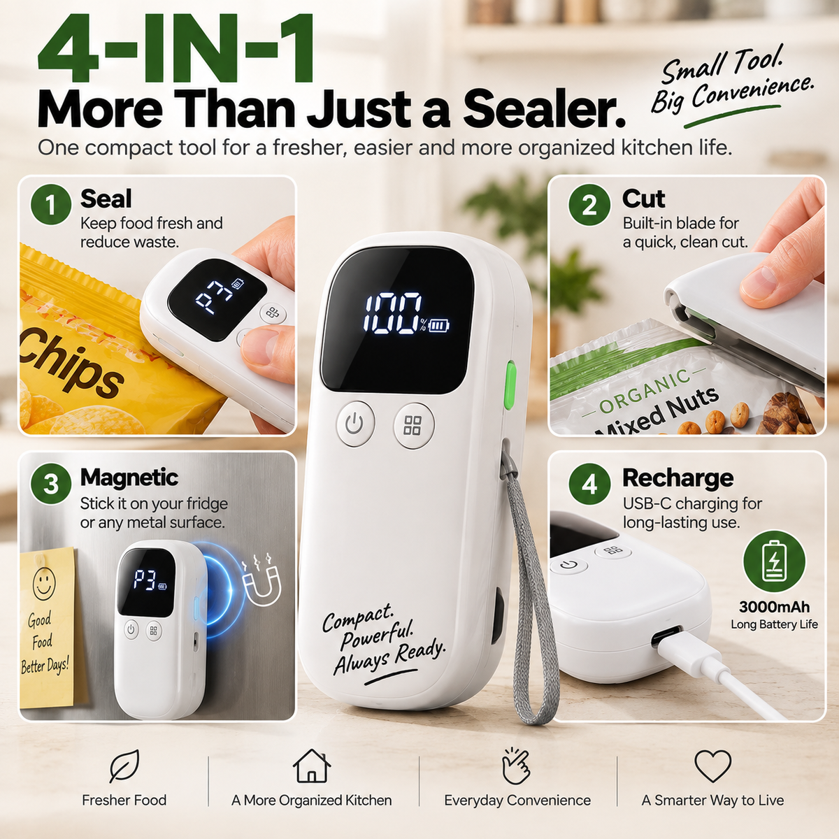 Smart 4-in-1 Rechargeable Bag Sealer & Cutter – LED Display, 5 Seal Modes & Magnetic Storage