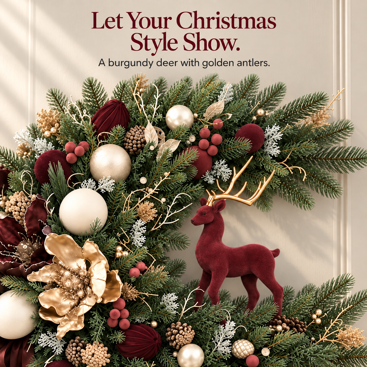 Burgundy Deer Christmas Wreath — Make Your Entrance Unforgettable