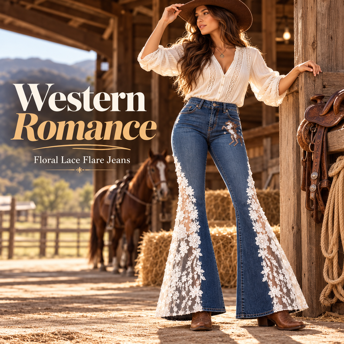🤠 Western Floral Lace Flare Jeans ✨ Vintage Cowgirl Charm