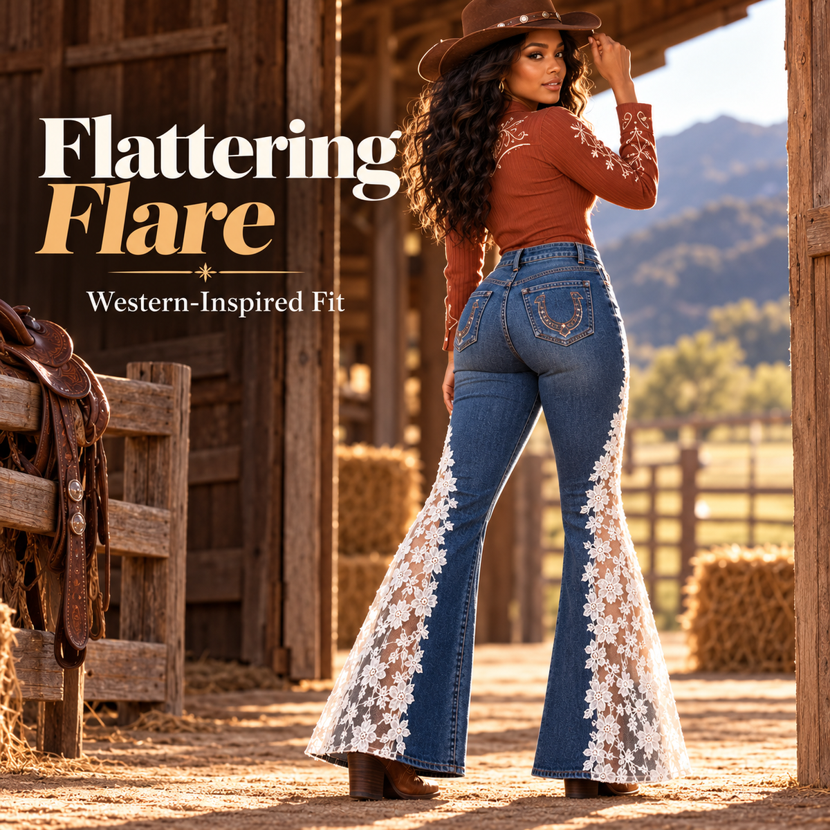 🤠 Western Floral Lace Flare Jeans ✨ Vintage Cowgirl Charm