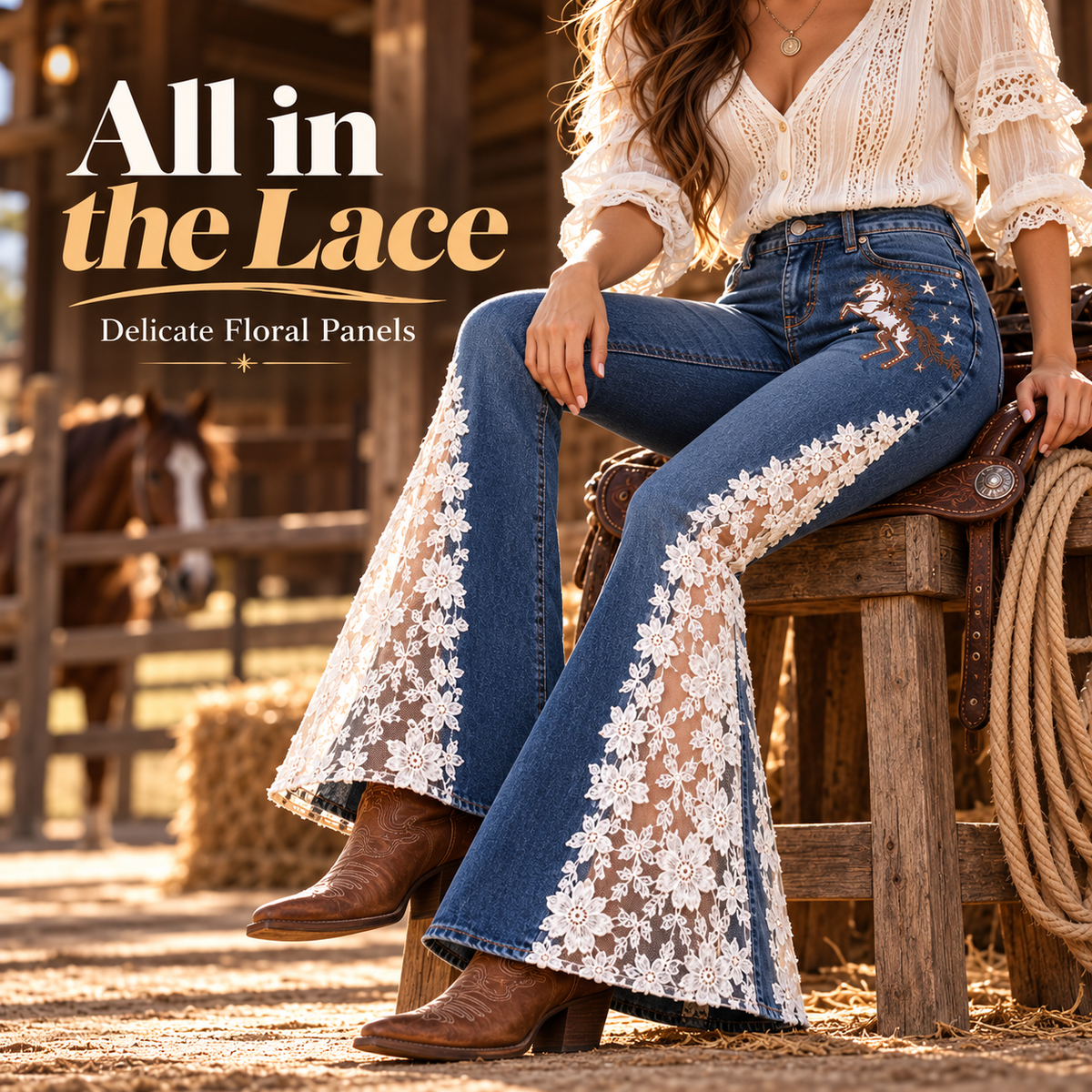 🤠 Western Floral Lace Flare Jeans ✨ Vintage Cowgirl Charm