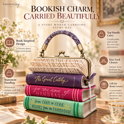✨👜Book Stack Handbag – Vintage-Inspired Book-Shaped Top Handle Purse, Unique Gift for Book Lovers💕