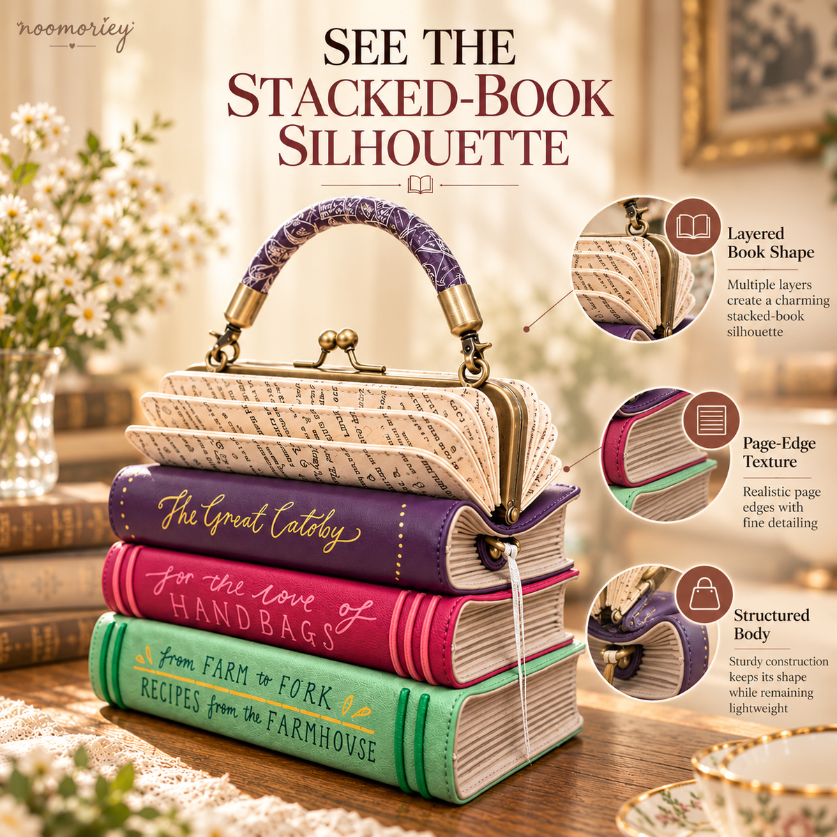 ✨👜Book Stack Handbag – Vintage-Inspired Book-Shaped Top Handle Purse, Unique Gift for Book Lovers💕