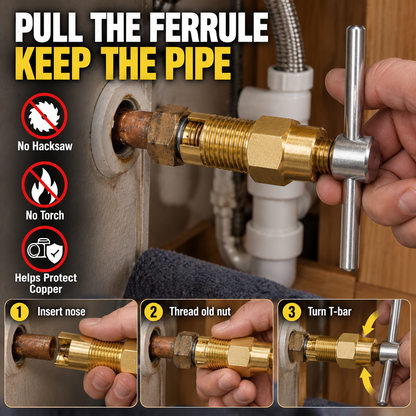 Compression Sleeve Puller Tool for 1/2' & 3/4' Brass Pipes, Rust-Resistant Ferrule Remover, Pipe Ring Extraction Kit for Corroded/Frozen Supply Stops, Removes Nut & Ferrule Safely – No Pipe Damage (Fits NPT 1/2', 3/4')