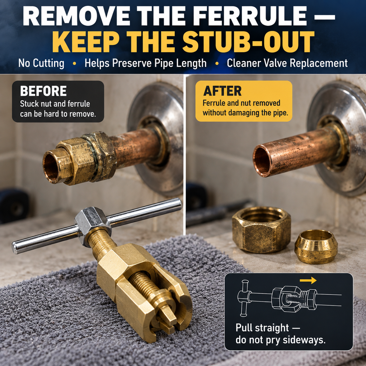 Compression Sleeve Puller Tool for 1/2' & 3/4' Brass Pipes, Rust-Resistant Ferrule Remover, Pipe Ring Extraction Kit for Corroded/Frozen Supply Stops, Removes Nut & Ferrule Safely – No Pipe Damage (Fits NPT 1/2', 3/4')