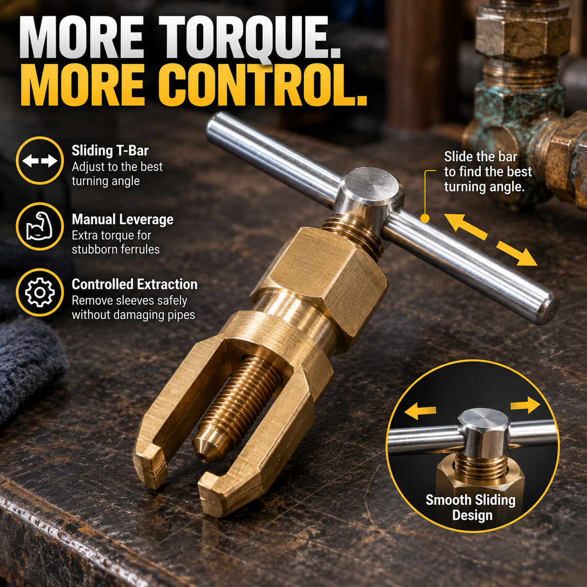 Compression Sleeve Puller Tool for 1/2' & 3/4' Brass Pipes, Rust-Resistant Ferrule Remover, Pipe Ring Extraction Kit for Corroded/Frozen Supply Stops, Removes Nut & Ferrule Safely – No Pipe Damage (Fits NPT 1/2', 3/4')