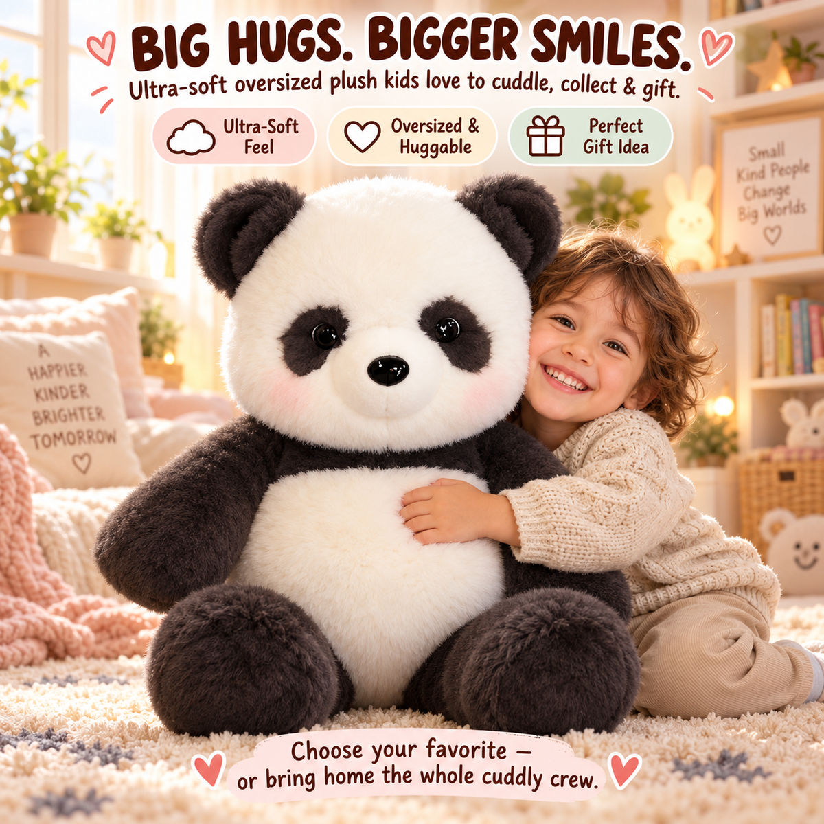 Large panda plush hugged by child