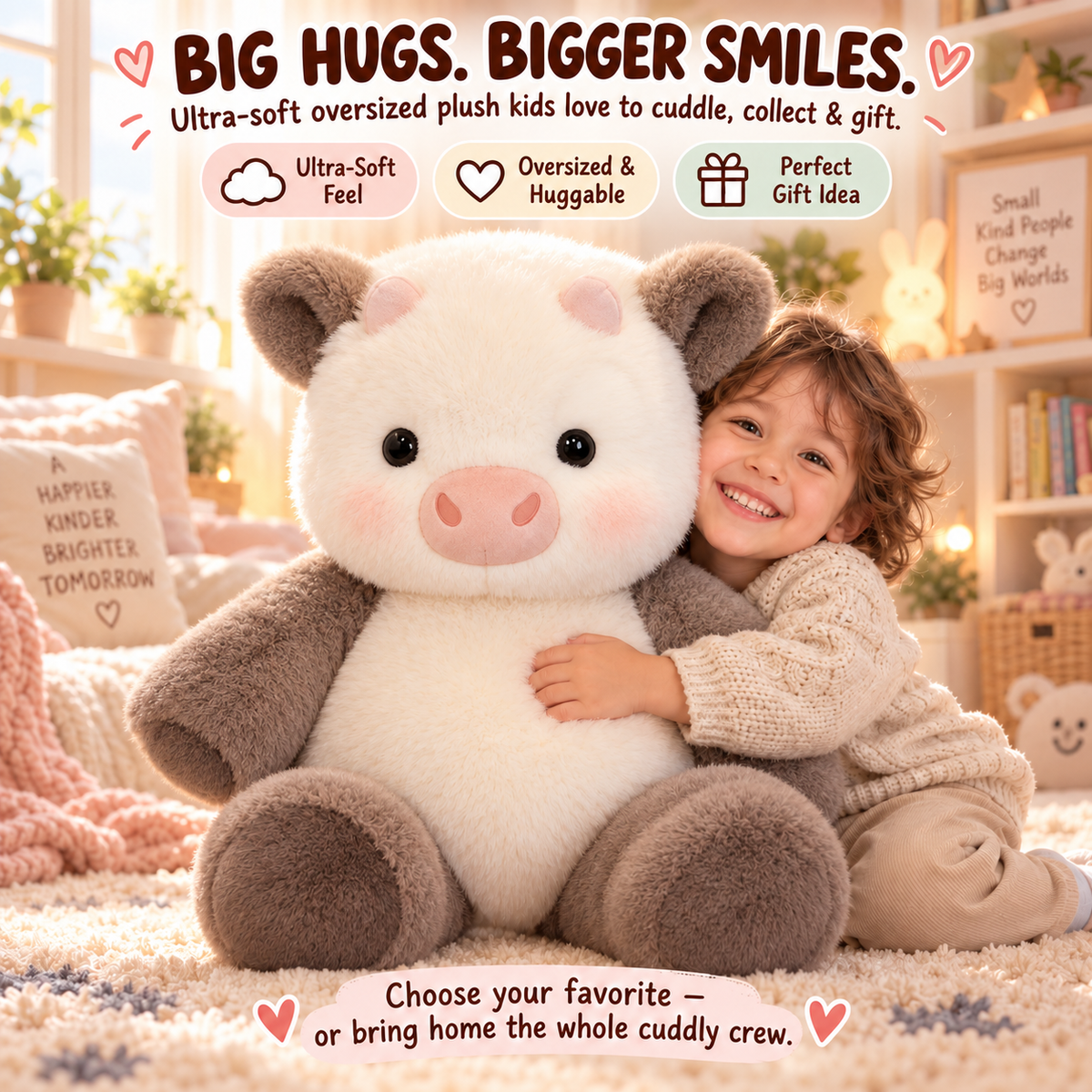Oversized cream plush cow with cocoa details