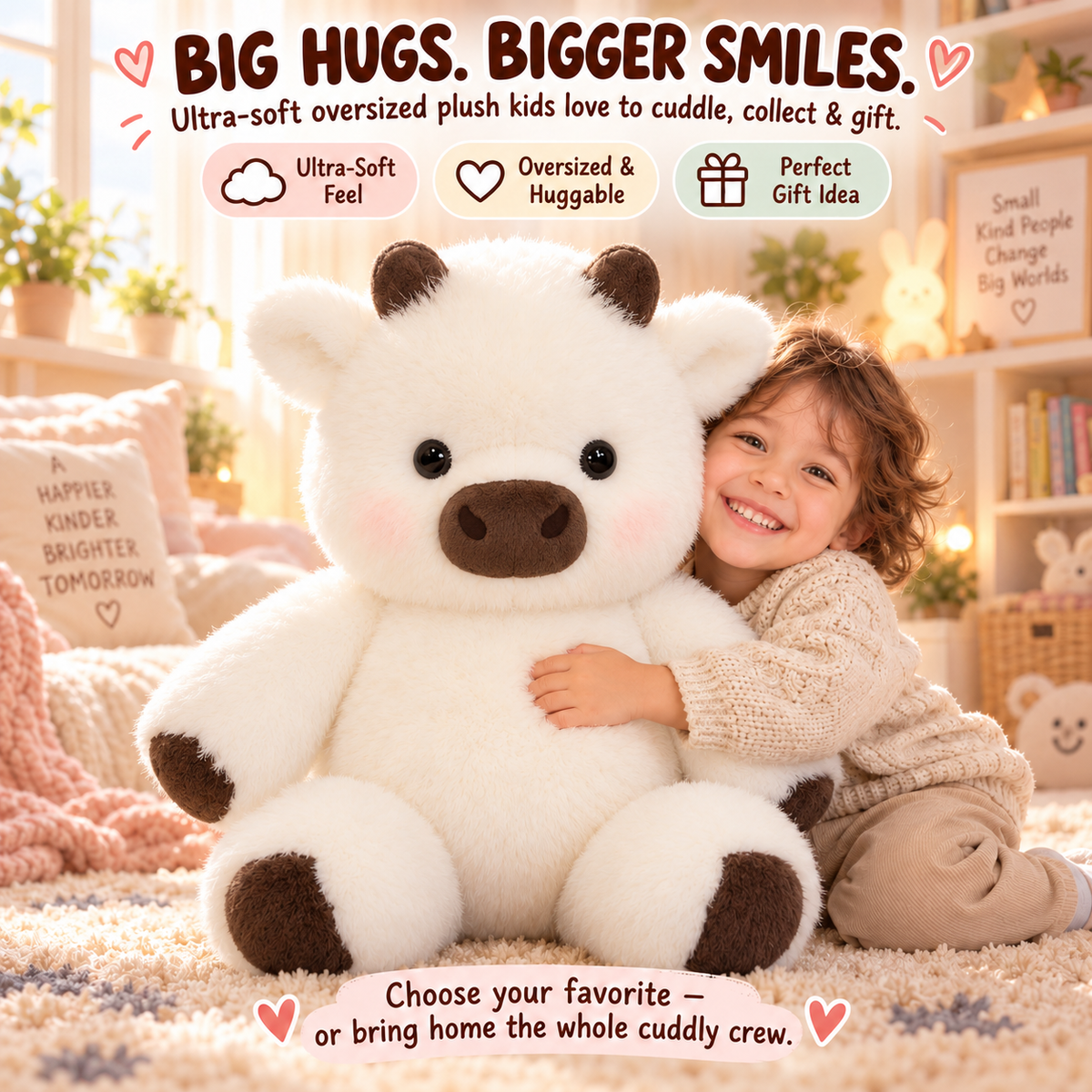 Child hugging large cream cow plush