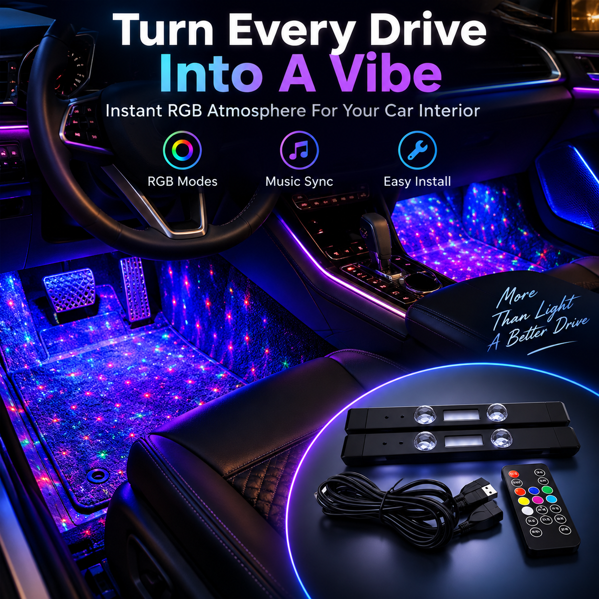🚗USB Recharge RGB Car Footwell Ambient Light Kit – Music Sync & Remote Control