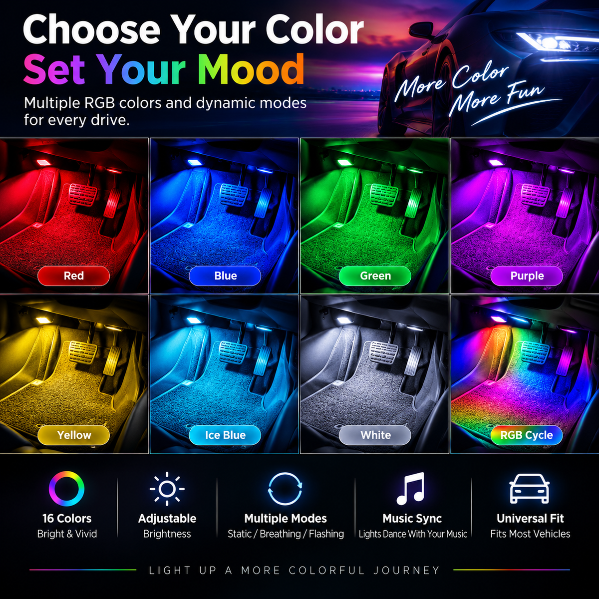 🚗USB Recharge RGB Car Footwell Ambient Light Kit – Music Sync & Remote Control