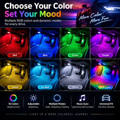 🚗USB Recharge RGB Car Footwell Ambient Light Kit – Music Sync & Remote Control