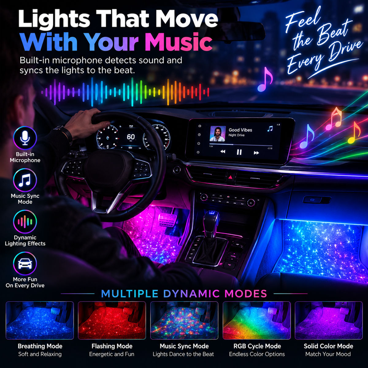 🚗USB Recharge RGB Car Footwell Ambient Light Kit – Music Sync & Remote Control