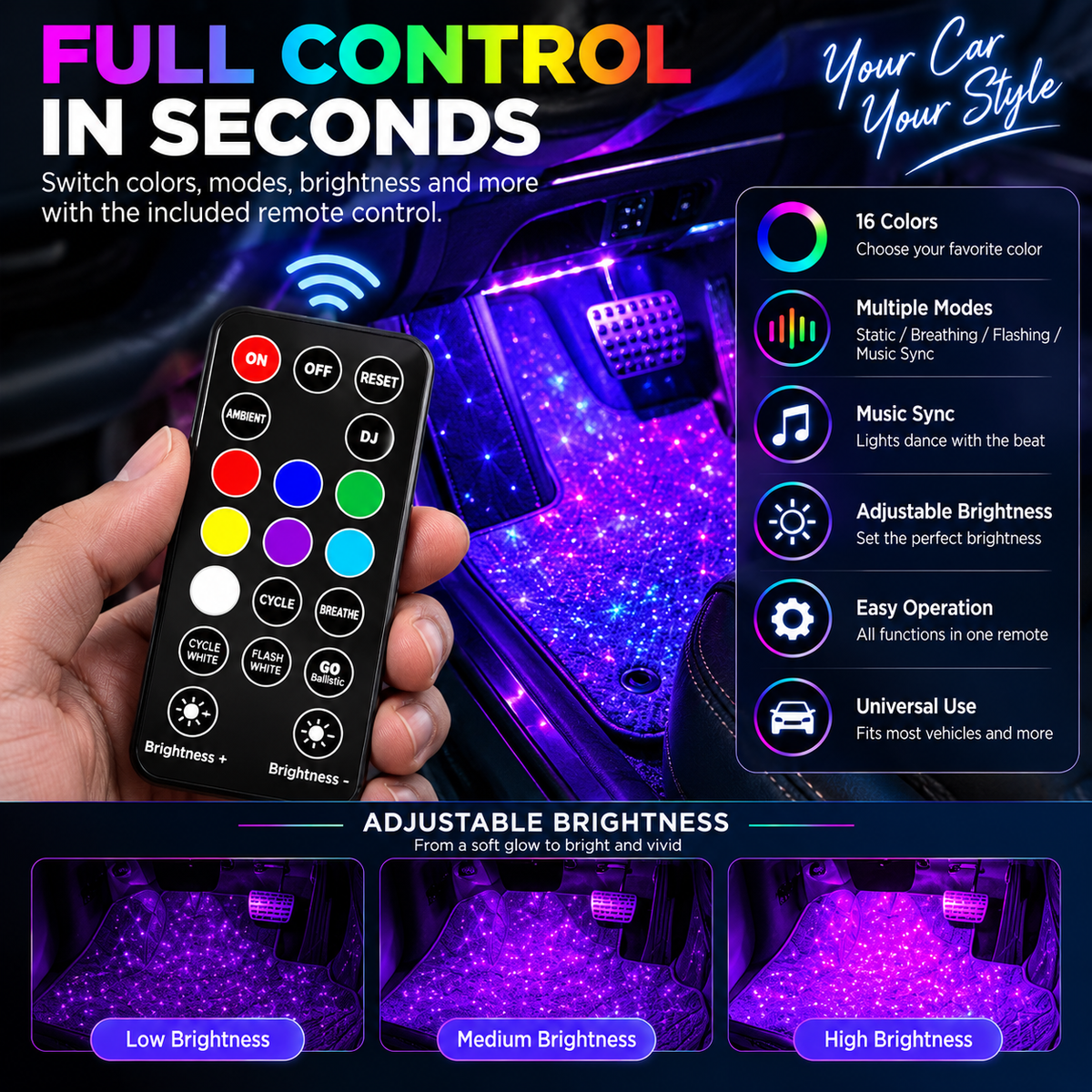 🚗USB Recharge RGB Car Footwell Ambient Light Kit – Music Sync & Remote Control